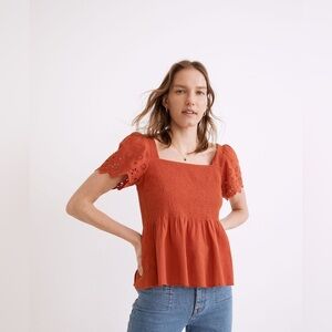 J Crew Eyelet-Sleeve Lucie Smocked Peplum Top NE241